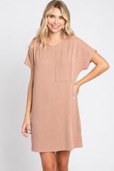 Camel Ribbed Front Pocket Dolman Short Sleeve Maternity Dress