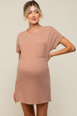 Camel Ribbed Front Pocket Dolman Short Sleeve Maternity Dress