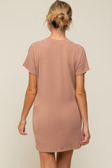 Camel Ribbed Front Pocket Dolman Short Sleeve Maternity Dress