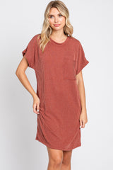 Rust Ribbed Front Pocket Dolman Short Sleeve Maternity Dress