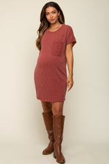 Rust Ribbed Front Pocket Dolman Short Sleeve Maternity Dress