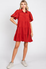 Rust Puff Sleeve Mini Shirt Dress