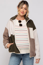 Olive Color Block Sherpa Contrast Pocket Maternity Jacket