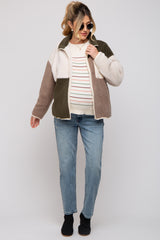 Olive Color Block Sherpa Contrast Pocket Maternity Jacket