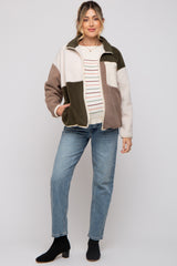 Olive Color Block Sherpa Contrast Pocket Maternity Jacket