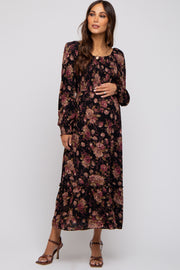 Black Floral Smocked Long Sleeve Maternity Midi Dress