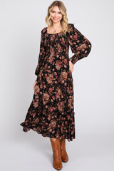 Black Floral Smocked Long Sleeve Midi Dress