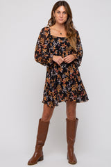 Black Floral Chiffon Square Neck Dress