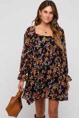 Black Floral Chiffon Square Neck Dress