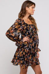 Black Floral Chiffon Square Neck Dress