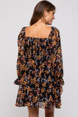 Black Floral Chiffon Square Neck Dress