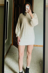 Beige Cable Knit Mini Sweater Dress