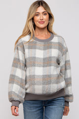 Grey Plaid Fuzzy Knit Maternity Pullover Sweater