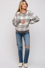 Grey Plaid Fuzzy Knit Maternity Pullover Sweater