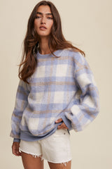 Light Blue Plaid Fuzzy Knit Maternity Pullover Sweater