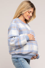 Light Blue Plaid Fuzzy Knit Maternity Pullover Sweater