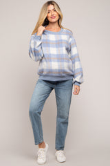 Light Blue Plaid Fuzzy Knit Maternity Pullover Sweater