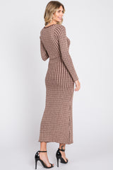 Brown Cable Knit Fitted Midi Dress