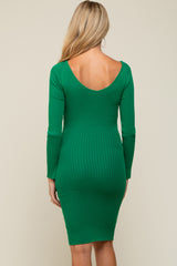 Green Ribbed Knit Long Sleeve Fitted Maternity Dress