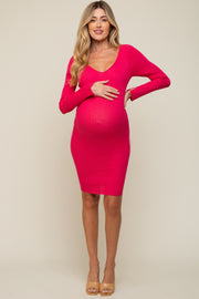 Magenta Ribbed Knit Long Sleeve Fitted Maternity Dress