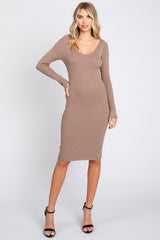 Taupe Ribbed Knit Long Sleeve Fitted Maternity Dress