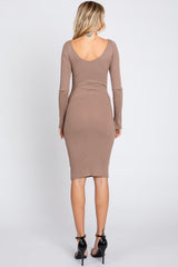 Taupe Ribbed Knit Long Sleeve Fitted Dress