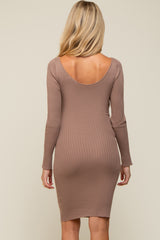 Taupe Ribbed Knit Long Sleeve Fitted Maternity Dress