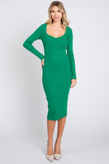 Green Ribbed Knit Fitted Long Sleeve Maternity Dress