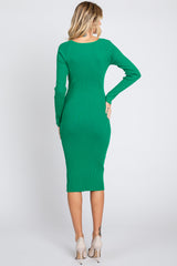 Green Ribbed Knit Fitted Long Sleeve Dress