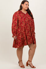 Red Leaf Print Long Sleeve Plus Dress