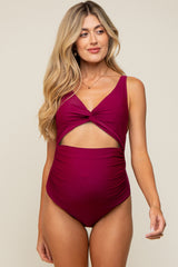 Plum Ruched Sides Front Cutout Maternity One Piece Swimsuit