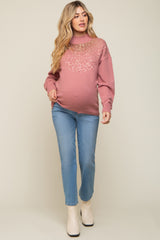 Mauve Sequin Knit Mock Neck Maternity Sweater