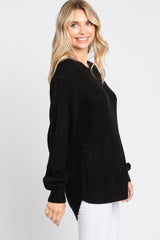 Black Waffle Knit Round Hem Sweater