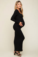 Black Ribbed Long Sleeve Square Neck Maternity Maxi Dress