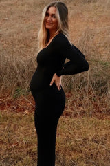 Black Ribbed Long Sleeve Square Neck Maternity Maxi Dress