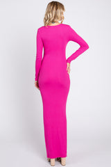 Fuchsia Ribbed Long Sleeve Square Neck Maxi Dress