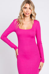 Fuchsia Ribbed Long Sleeve Square Neck Maxi Dress