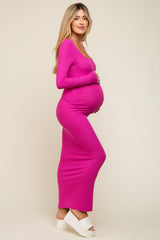 Fuchsia Ribbed Long Sleeve Square Neck Maternity Maxi Dress