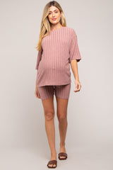 Mauve Ribbed Soft Short Sleeve Maternity Shorts Set