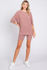 Mauve Ribbed Soft Short Sleeve Shorts Set