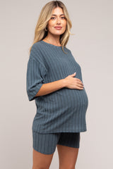 Blue Ribbed Soft Short Sleeve Maternity Shorts Set