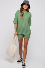 Light Olive Ribbed Soft Short Sleeve Shorts Set