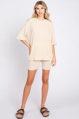 Cream Ribbed Soft Short Sleeve Shorts Set