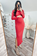 Red Ribbed Side Slit Maternity Maxi Dress