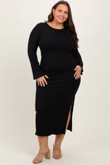 Black Ribbed Side Slit Plus Maxi Dress