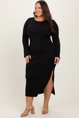 Black Ribbed Side Slit Plus Maxi Dress