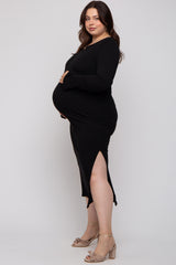 Black Ribbed Side Slit Maternity Plus Maxi Dress