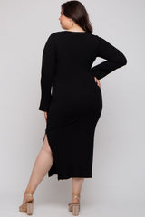 Black Ribbed Side Slit Maternity Plus Maxi Dress