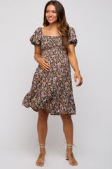 Black Floral Smocked Square Neck Short Sleeve Maternity Dress