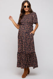 Navy Blue Floral Smocked Flutter Short Sleeve Maternity Midi Dress